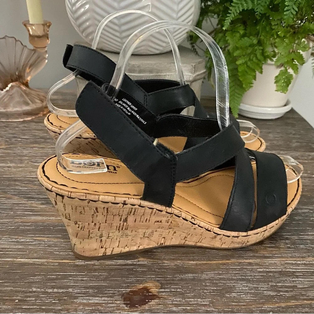 Born Black Leather Slingback Cork Wedge Sandals